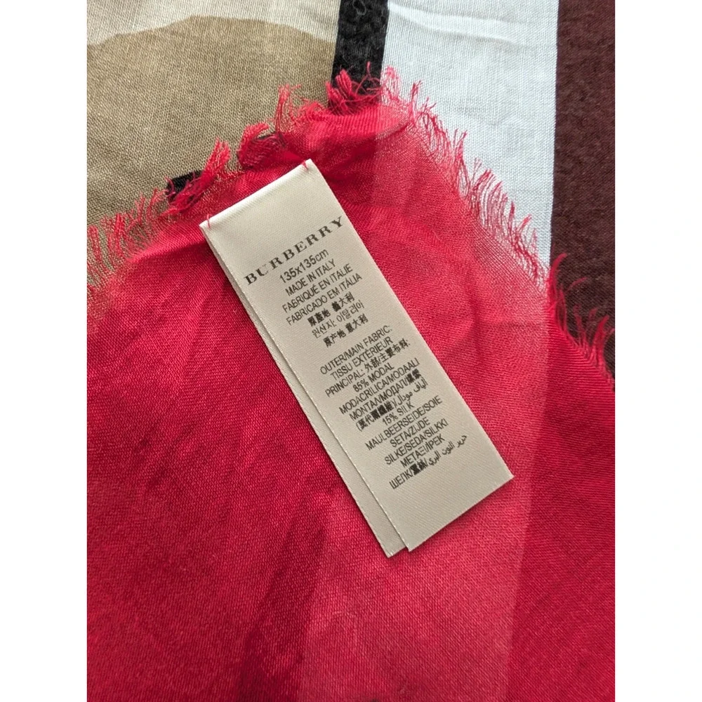 Burberry Leopard Cheetah Animal Print Red Silk Blend Scarf Italy Fringe Large